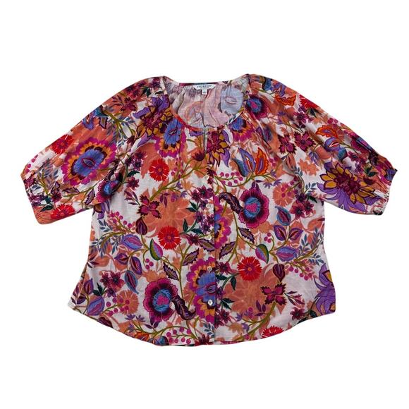 Liverpool Los Angeles Blouse Woven Floral Print Split V-Neck Short Sleeve Large - Picture 2 of 13